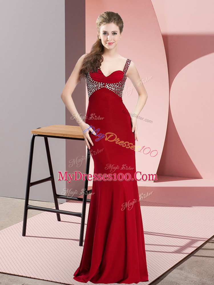 Straps Sleeveless Prom Dress Floor Length Beading Red Chiffon