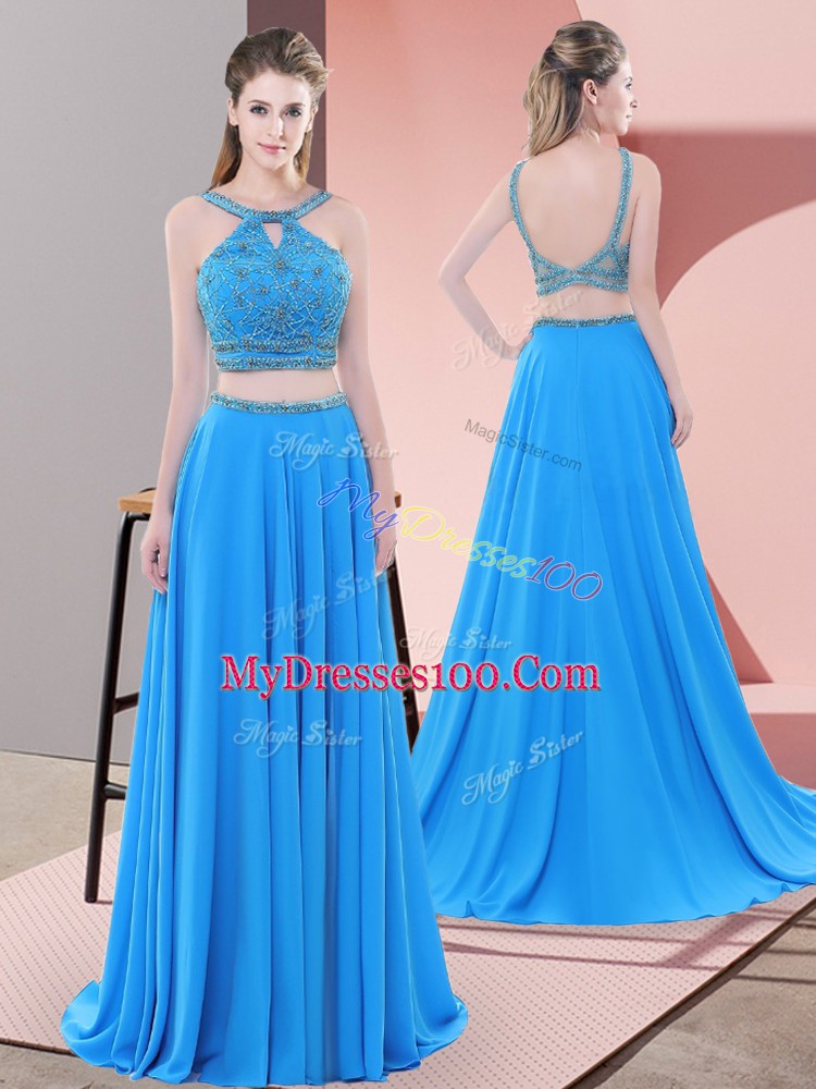 Blue Sleeveless Chiffon Sweep Train Backless Prom Gown for Prom and Party