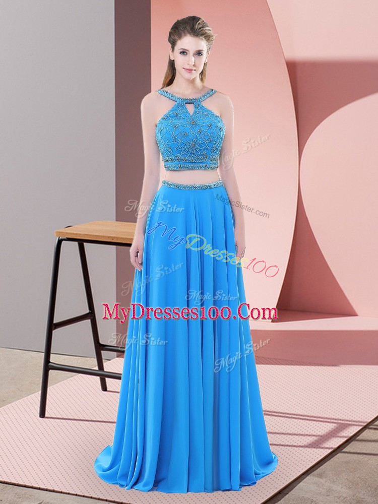 Blue Sleeveless Chiffon Sweep Train Backless Prom Gown for Prom and Party