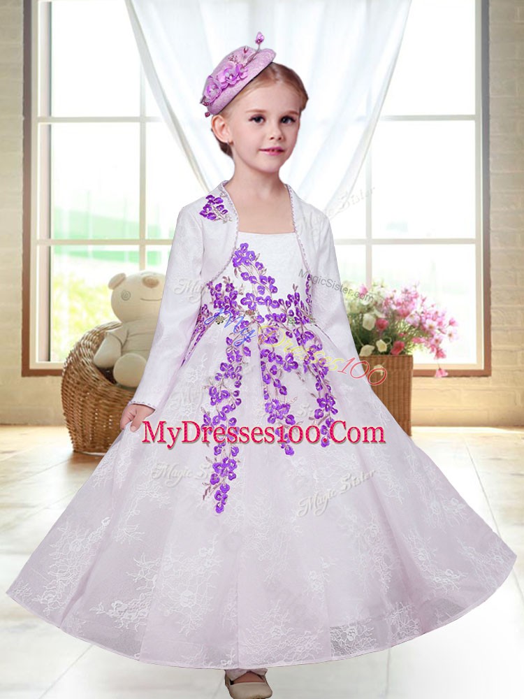 A-line Toddler Flower Girl Dress White Straps Lace Sleeveless Ankle Length Zipper