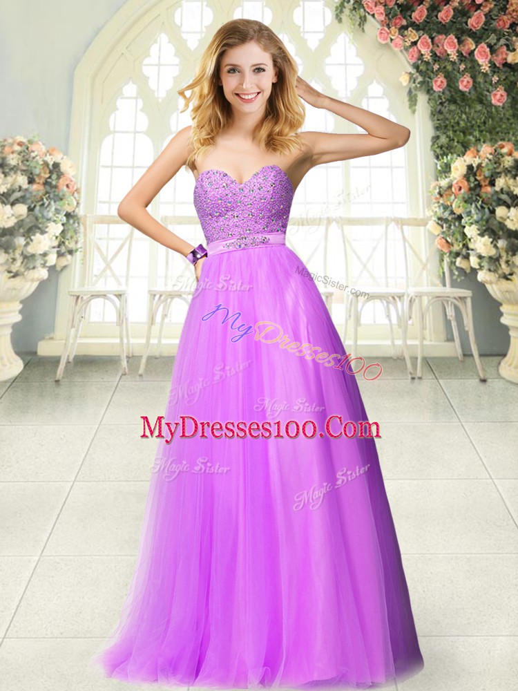 Lilac A-line Beading Prom Dress Zipper Tulle Sleeveless Floor Length