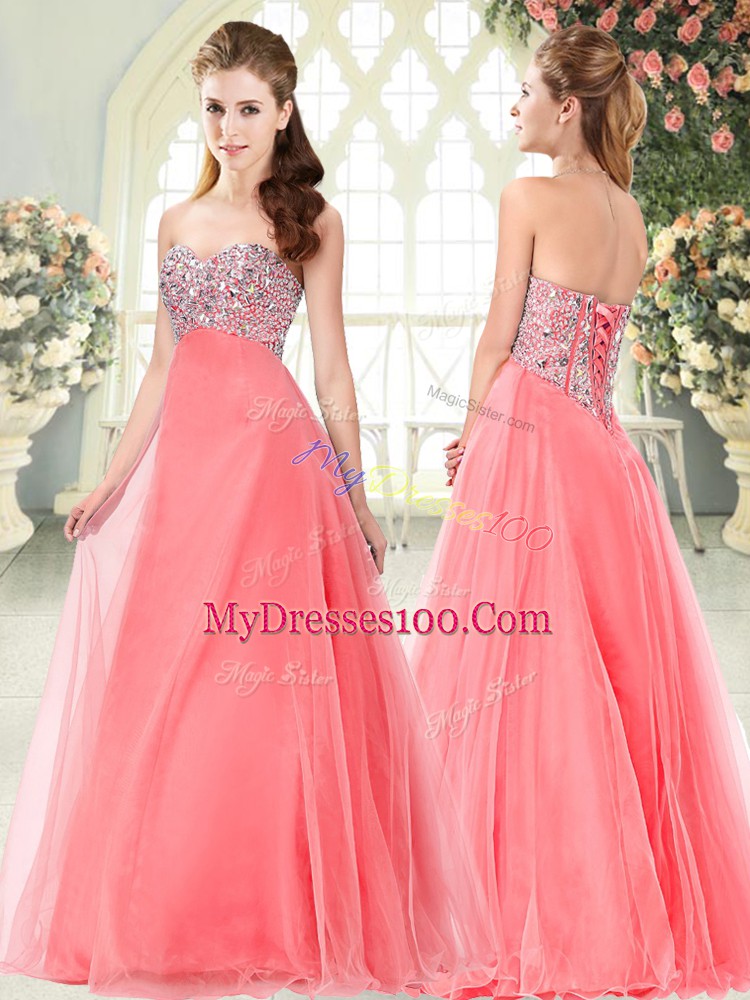 Modest Watermelon Red Prom Gown Prom and Party with Beading Sweetheart Sleeveless Lace Up