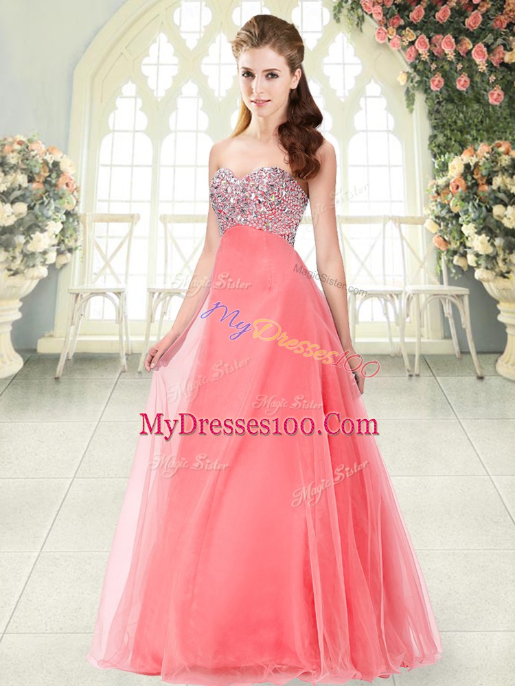 Modest Watermelon Red Prom Gown Prom and Party with Beading Sweetheart Sleeveless Lace Up