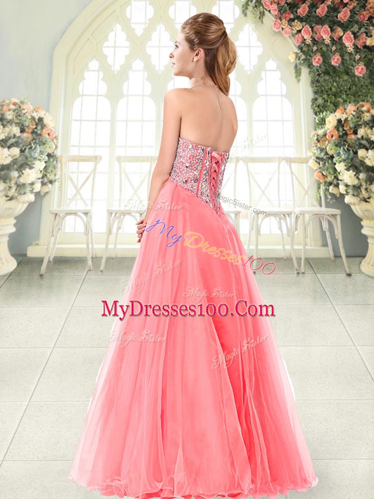 Modest Watermelon Red Prom Gown Prom and Party with Beading Sweetheart Sleeveless Lace Up