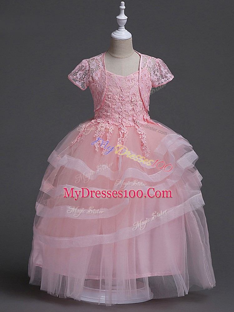 Spaghetti Straps Sleeveless Tulle Flower Girl Dress Appliques Zipper