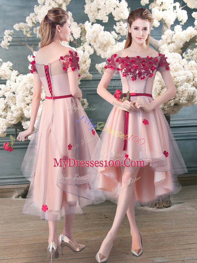A-line Prom Dresses Pink Off The Shoulder Tulle Short Sleeves High Low Lace Up
