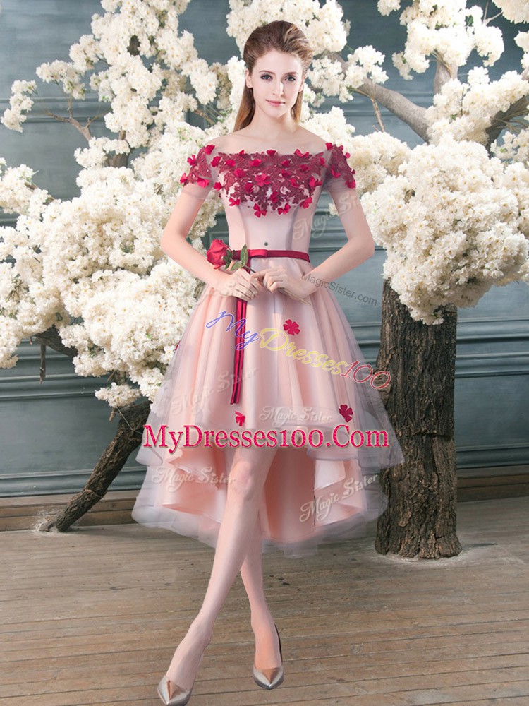 A-line Prom Dresses Pink Off The Shoulder Tulle Short Sleeves High Low Lace Up