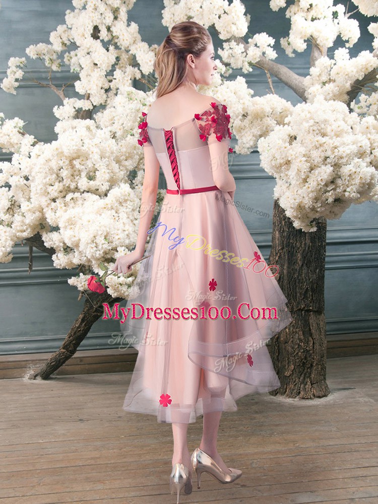 A-line Prom Dresses Pink Off The Shoulder Tulle Short Sleeves High Low Lace Up