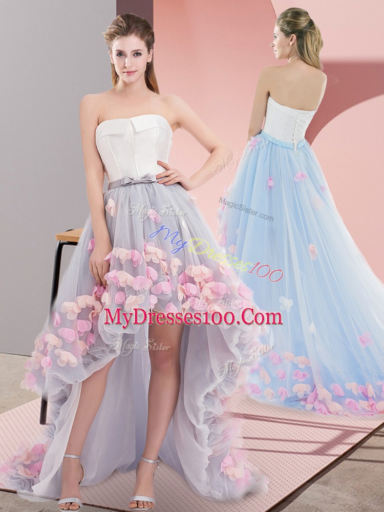 Grey Tulle Lace Up Homecoming Dress Sleeveless High Low Appliques