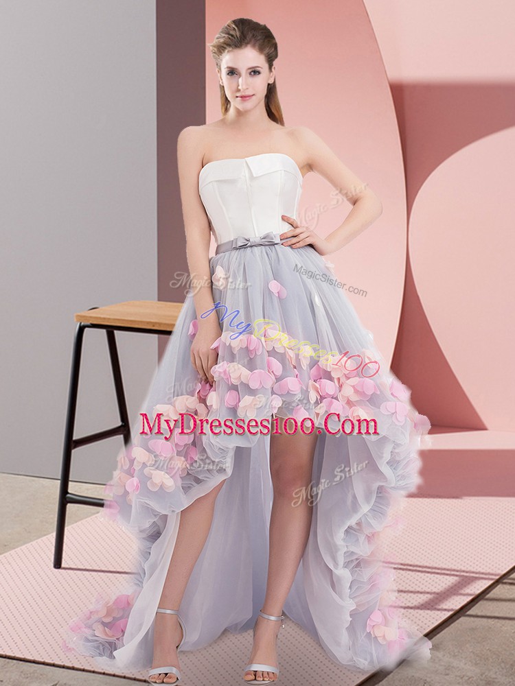 Grey Tulle Lace Up Homecoming Dress Sleeveless High Low Appliques