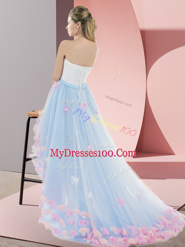 Grey Tulle Lace Up Homecoming Dress Sleeveless High Low Appliques