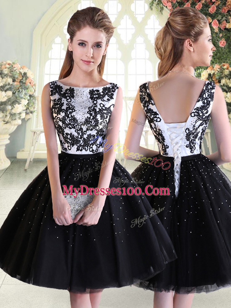 Sleeveless Tulle Mini Length Lace Up Prom Dresses in Black with Beading and Lace