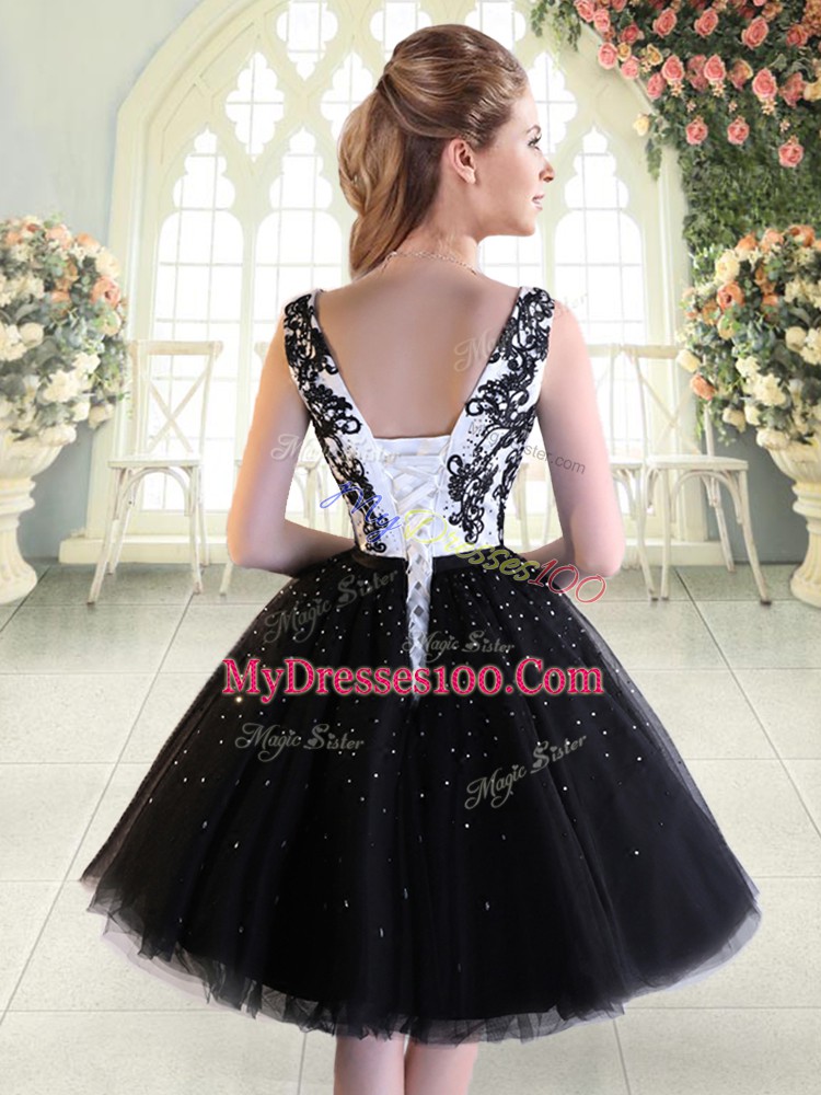 Sleeveless Tulle Mini Length Lace Up Prom Dresses in Black with Beading and Lace
