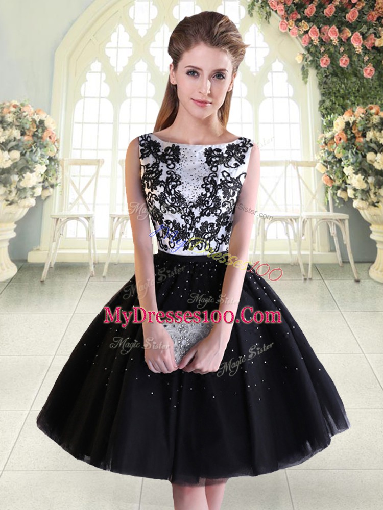 Sleeveless Tulle Mini Length Lace Up Prom Dresses in Black with Beading and Lace