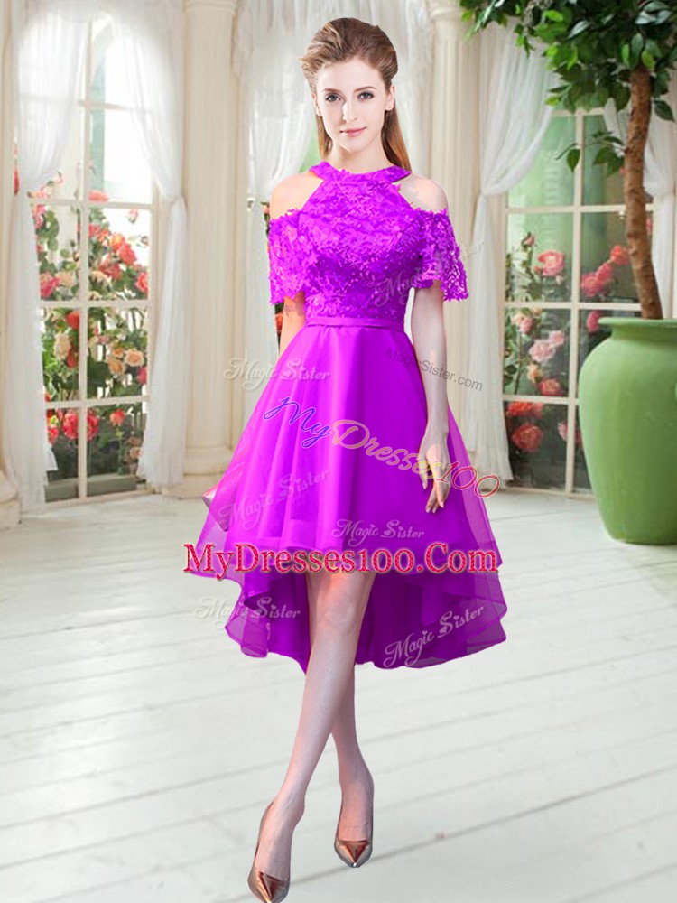 Beauteous Purple Tulle Zipper Prom Evening Gown Short Sleeves High Low Lace