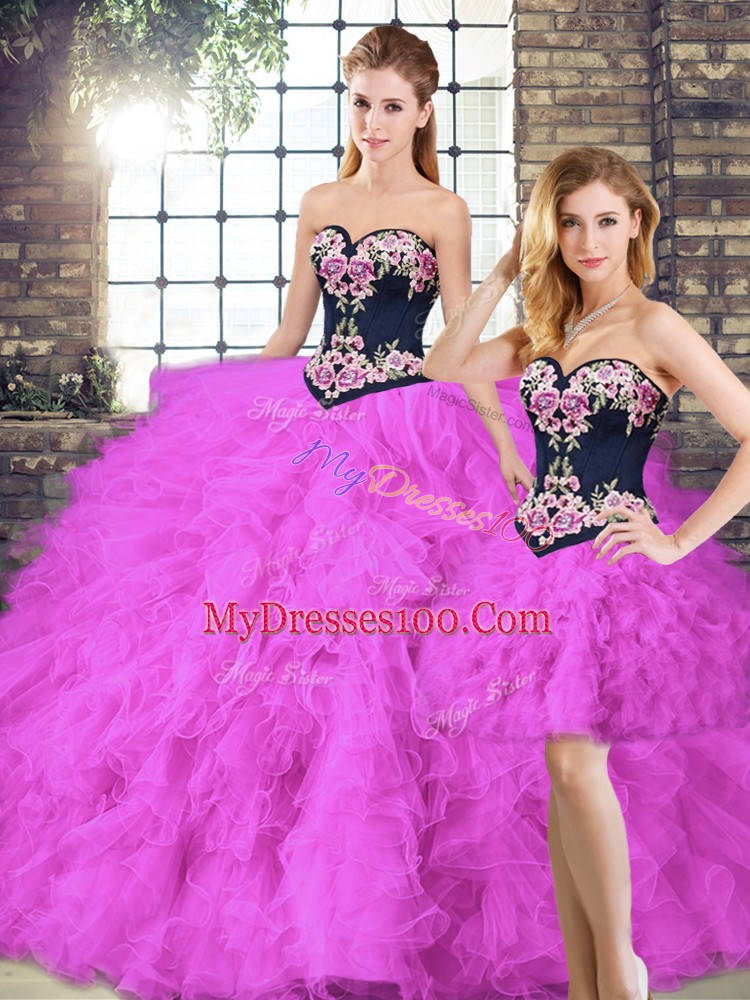 Superior Floor Length Fuchsia Sweet 16 Quinceanera Dress Tulle Sleeveless Beading and Embroidery
