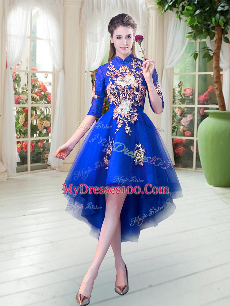 Best Selling Royal Blue Half Sleeves Appliques High Low Prom Gown