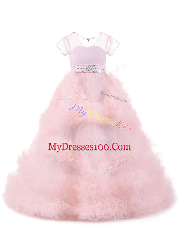 V-neck Short Sleeves Tulle Pageant Dress for Teens Beading and Ruffles Backless