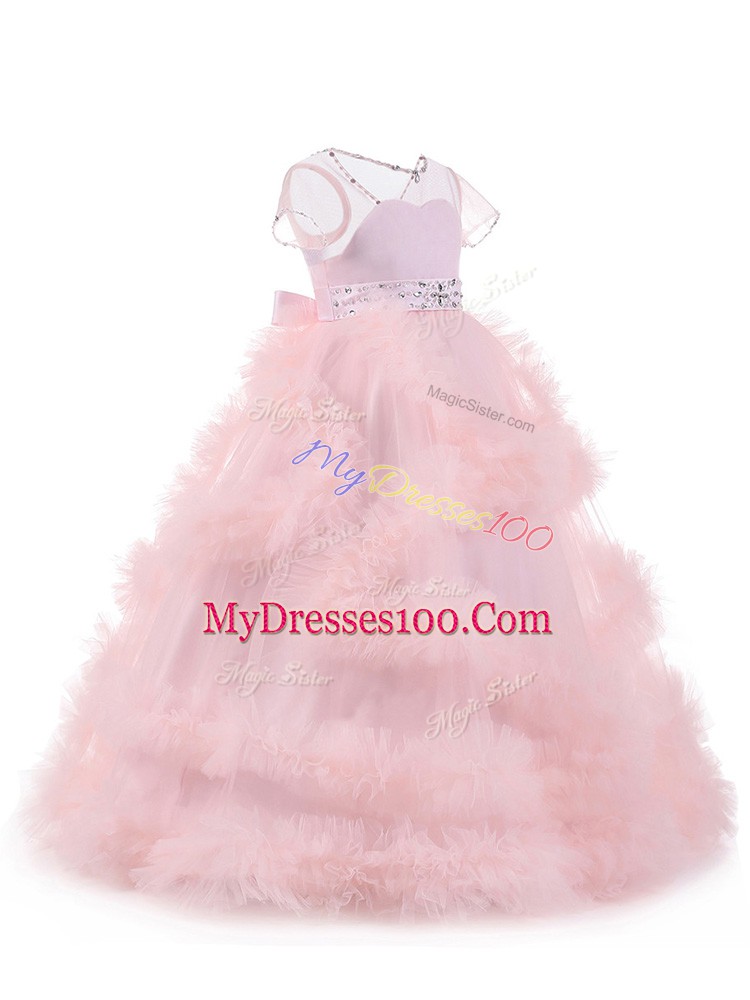V-neck Short Sleeves Tulle Pageant Dress for Teens Beading and Ruffles Backless
