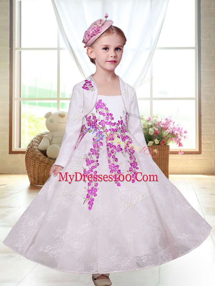 Graceful White Lace Zipper Flower Girl Dresses Sleeveless Ankle Length Embroidery