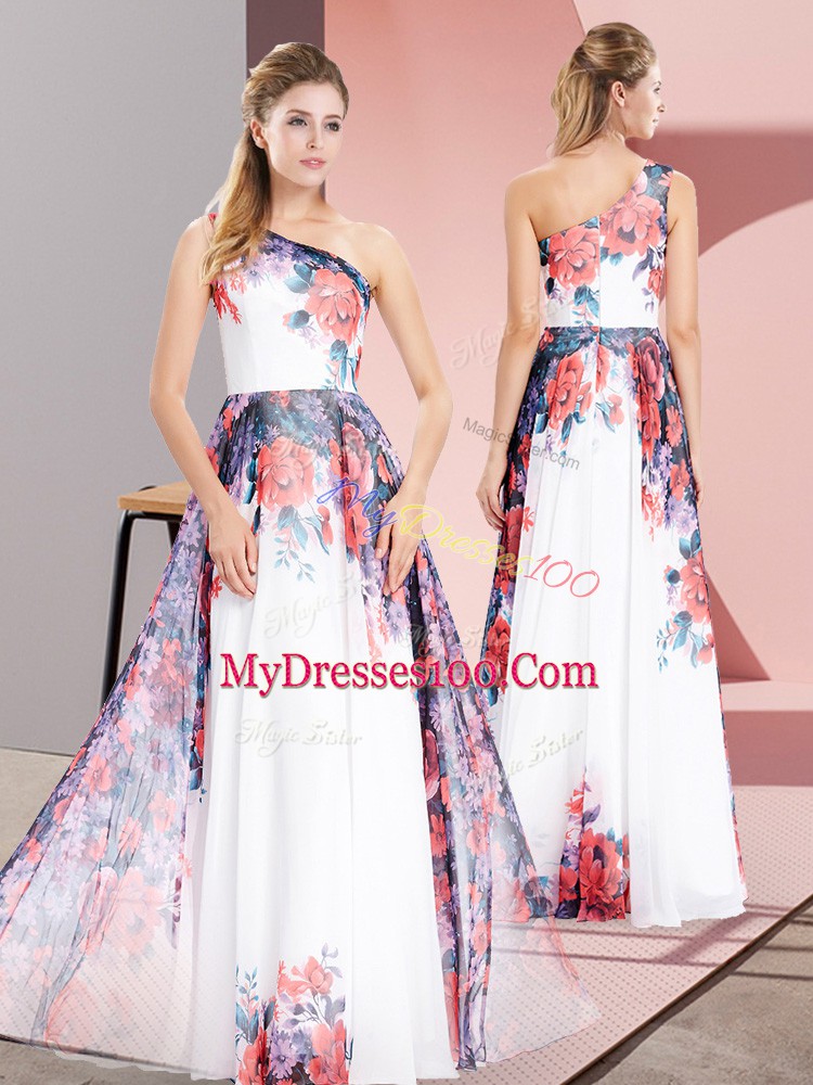 White Empire Chiffon One Shoulder Sleeveless Pattern Floor Length Zipper Prom Dress