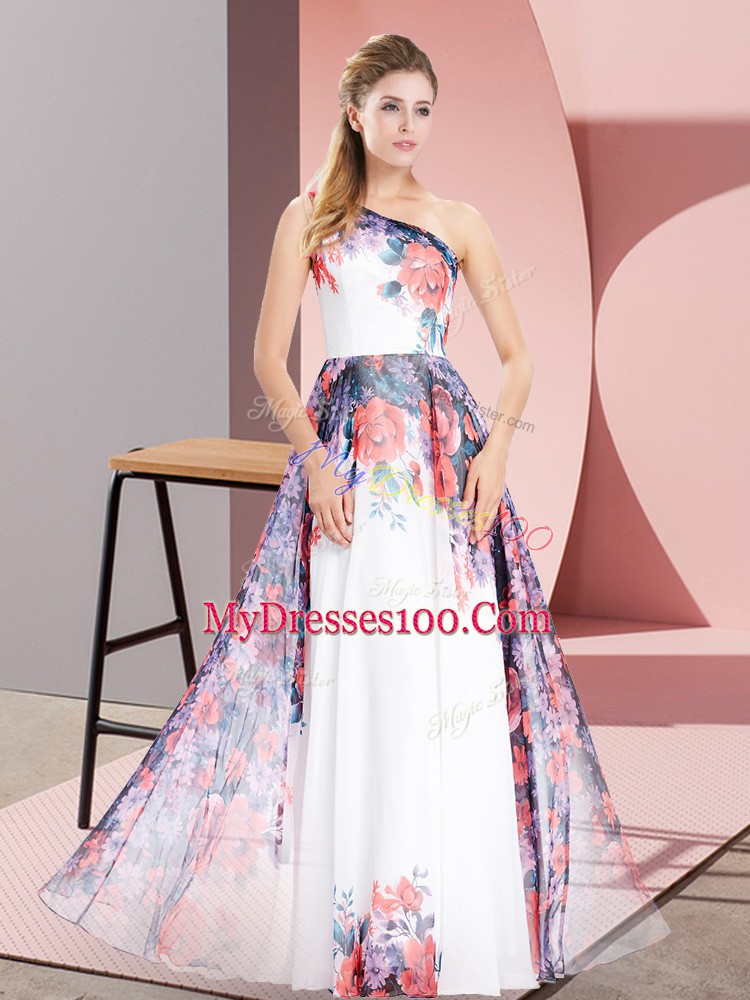 White Empire Chiffon One Shoulder Sleeveless Pattern Floor Length Zipper Prom Dress
