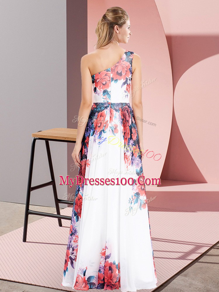 White Empire Chiffon One Shoulder Sleeveless Pattern Floor Length Zipper Prom Dress