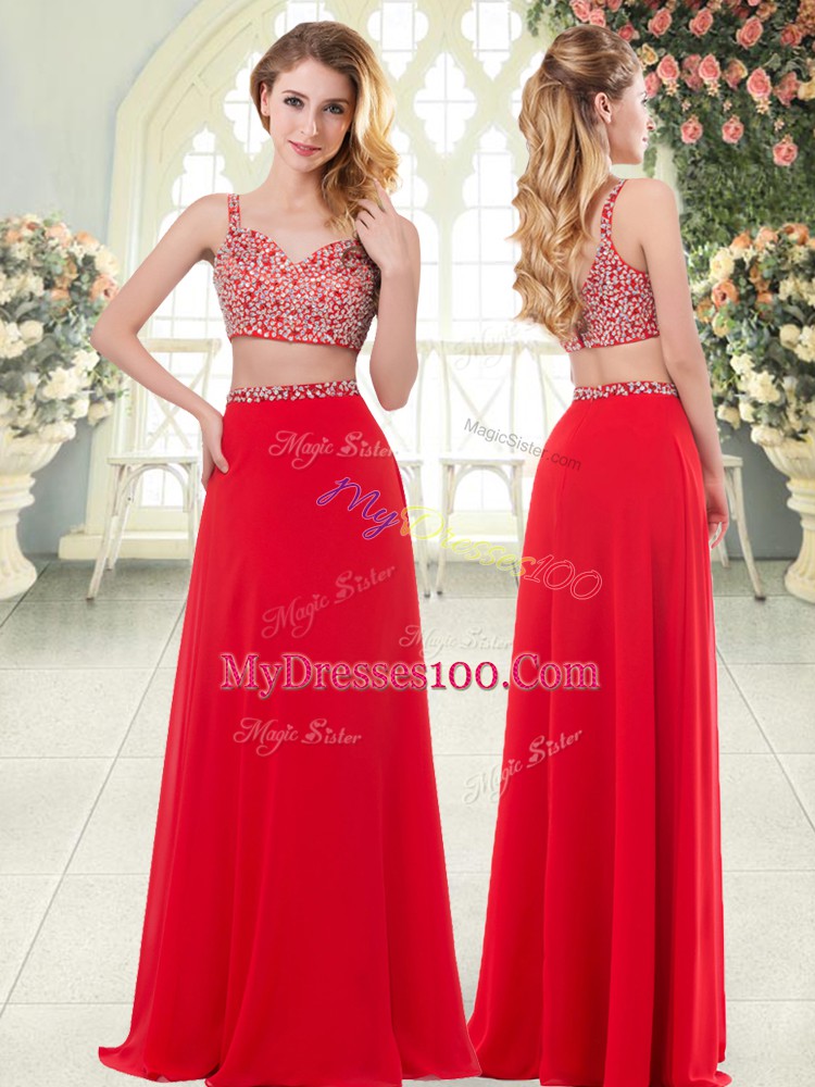 Customized Red Sleeveless Chiffon Zipper Evening Outfits for Prom and Party