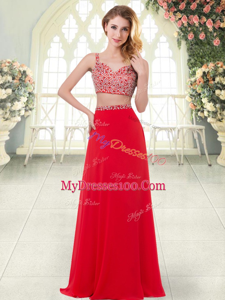 Customized Red Sleeveless Chiffon Zipper Evening Outfits for Prom and Party