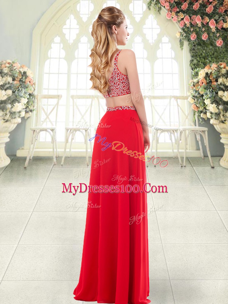 Customized Red Sleeveless Chiffon Zipper Evening Outfits for Prom and Party