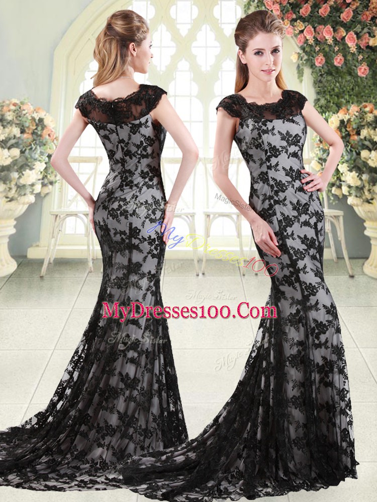 Black Lace Zipper Scoop Sleeveless Prom Dress Sweep Train Appliques