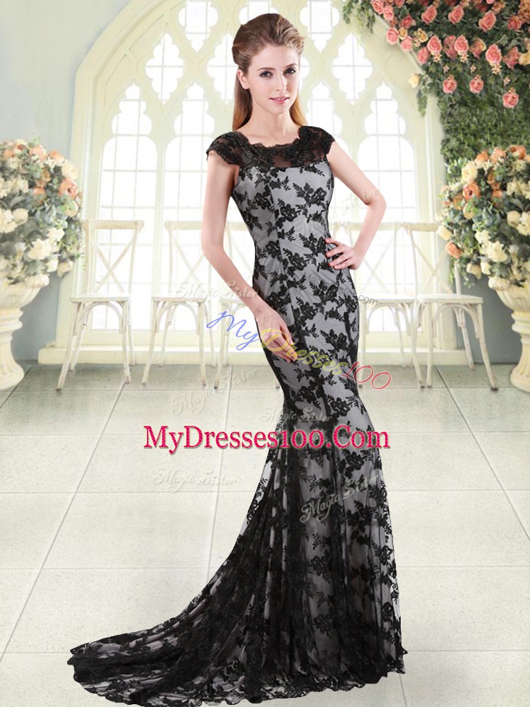 Black Lace Zipper Scoop Sleeveless Prom Dress Sweep Train Appliques