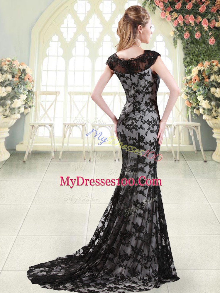 Black Lace Zipper Scoop Sleeveless Prom Dress Sweep Train Appliques