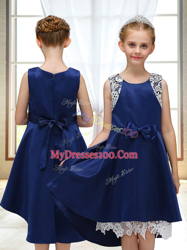 Customized High Low A-line Sleeveless Navy Blue Flower Girl Dress Zipper