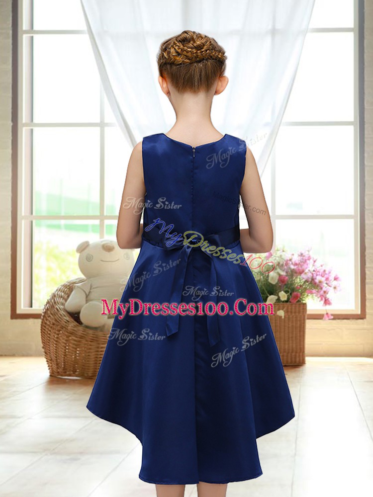 Customized High Low A-line Sleeveless Navy Blue Flower Girl Dress Zipper