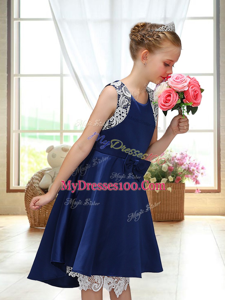 Customized High Low A-line Sleeveless Navy Blue Flower Girl Dress Zipper
