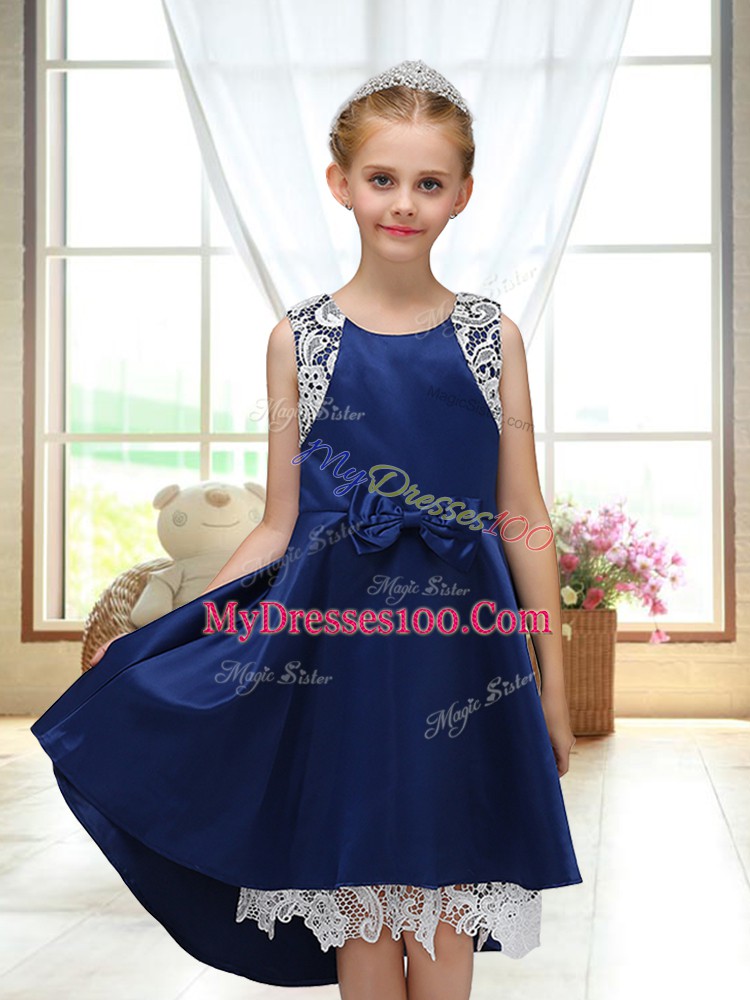 Customized High Low A-line Sleeveless Navy Blue Flower Girl Dress Zipper