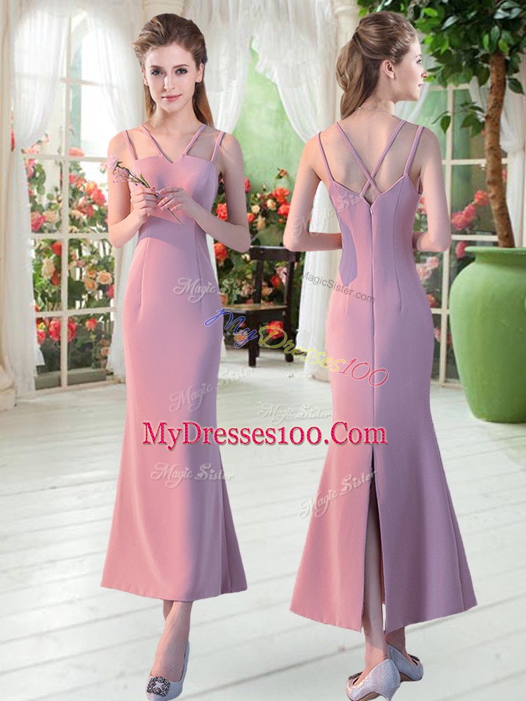 Flare Ankle Length Pink Dress for Prom Straps Sleeveless Zipper