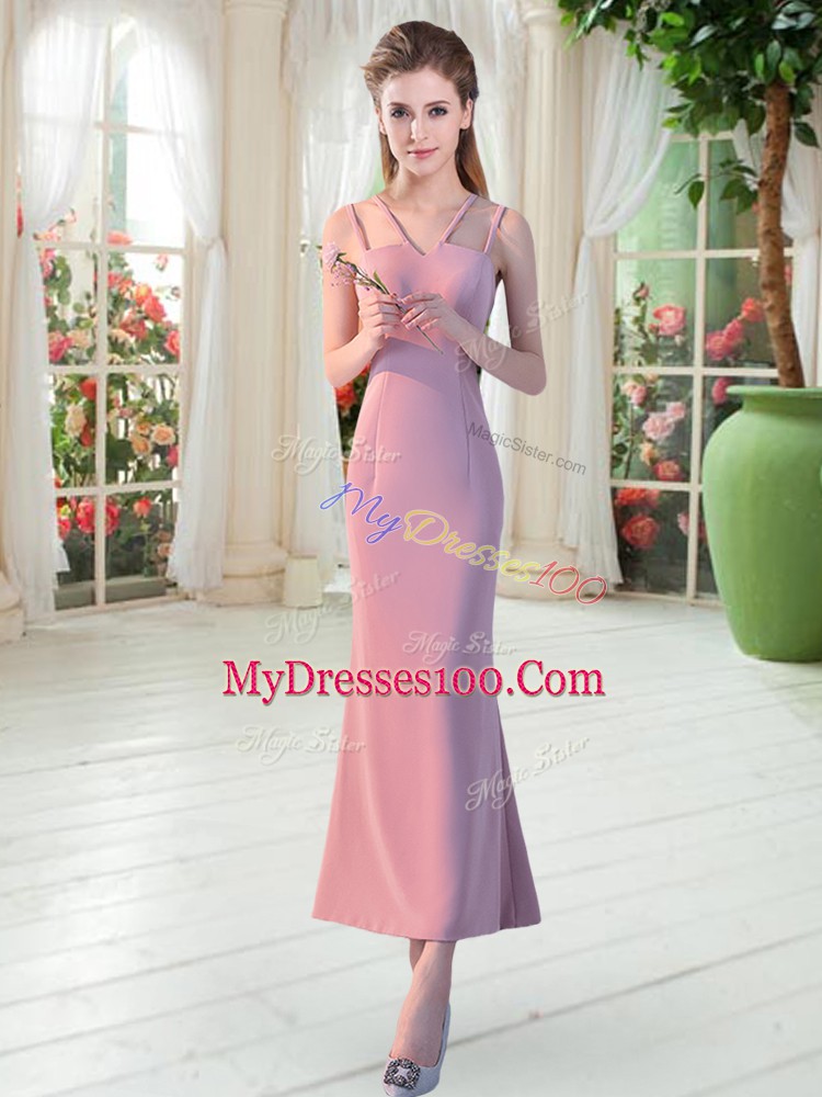 Flare Ankle Length Pink Dress for Prom Straps Sleeveless Zipper