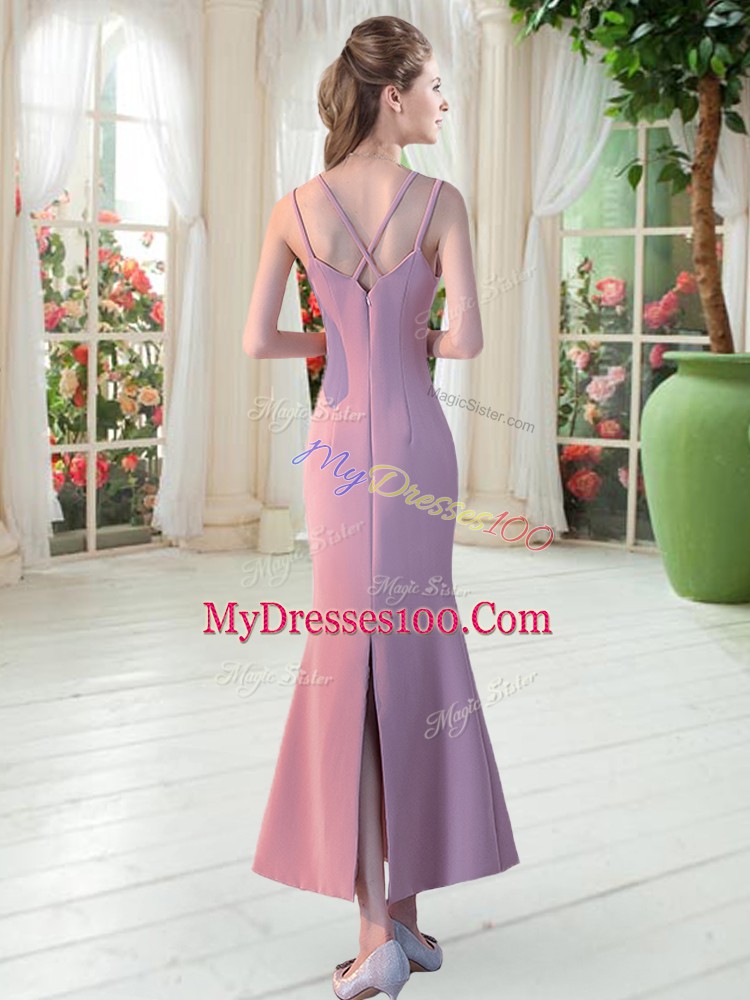 Flare Ankle Length Pink Dress for Prom Straps Sleeveless Zipper