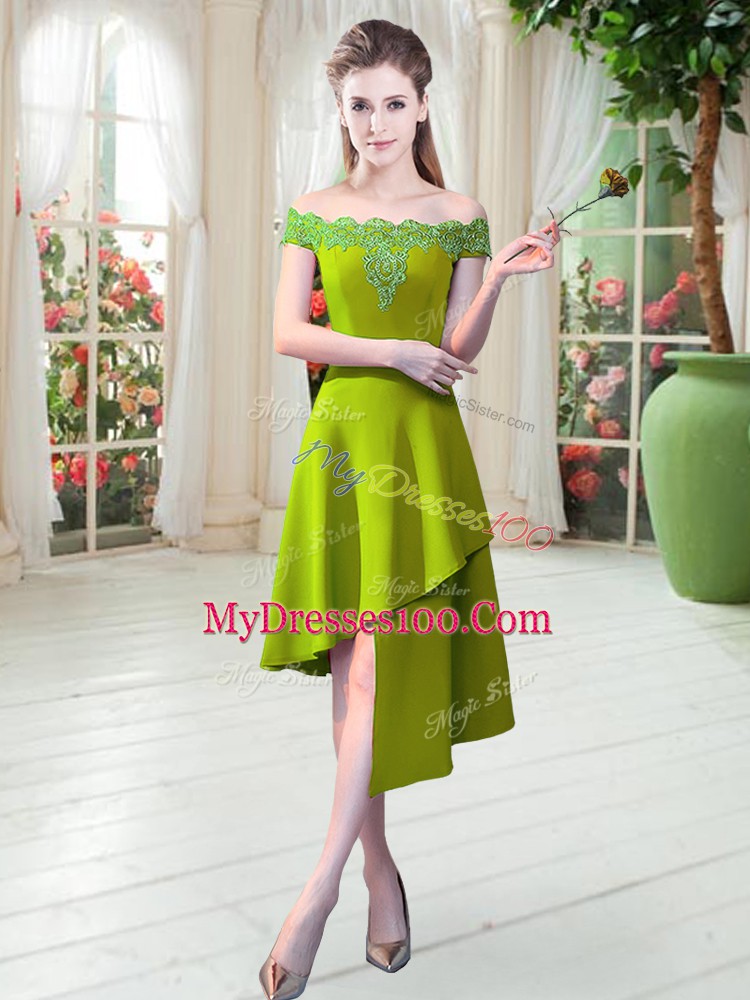 Light Yellow Satin Zipper Off The Shoulder Sleeveless Asymmetrical Appliques