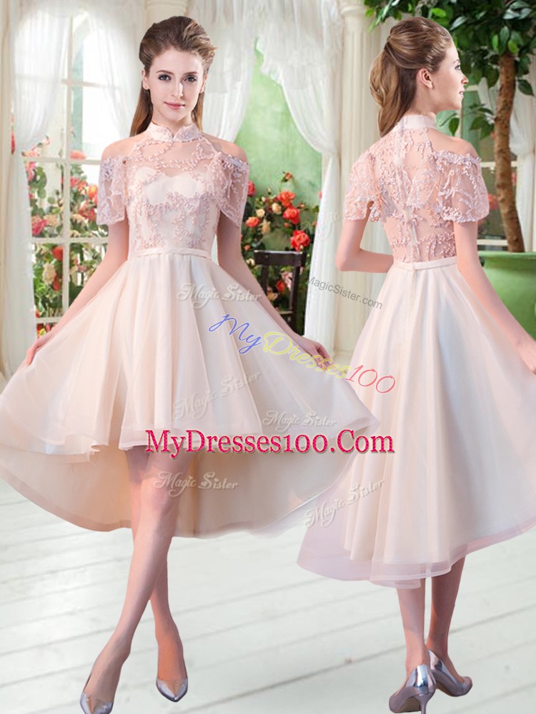 Excellent Champagne Prom and Party with Lace High-neck Short Sleeves Zipper