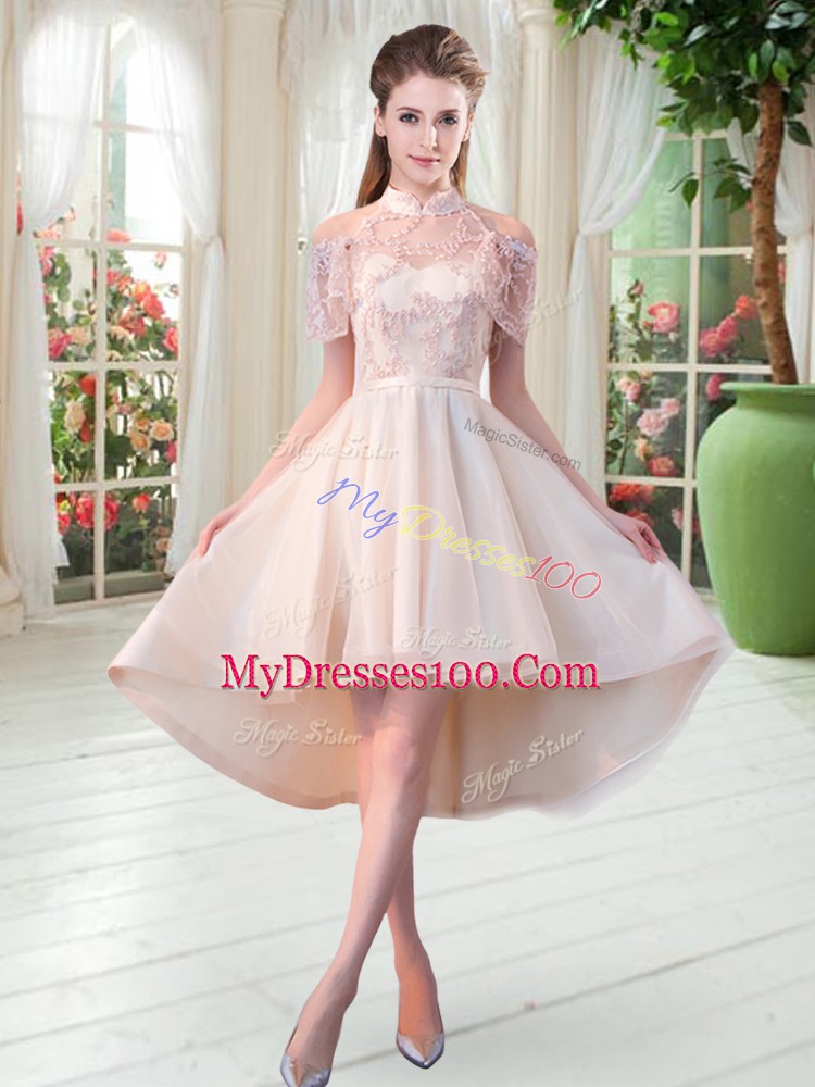 Excellent Champagne Prom and Party with Lace High-neck Short Sleeves Zipper