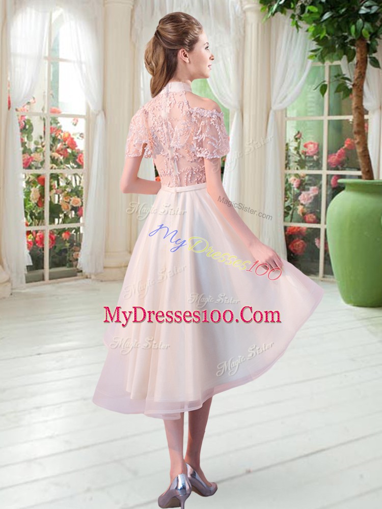 Excellent Champagne Prom and Party with Lace High-neck Short Sleeves Zipper