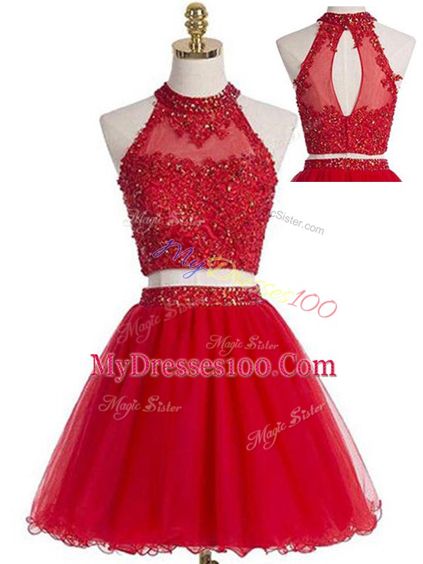 Fabulous Halter Top Sleeveless Prom Evening Gown Mini Length Beading and Appliques Red Tulle