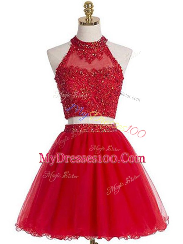 Fabulous Halter Top Sleeveless Prom Evening Gown Mini Length Beading and Appliques Red Tulle