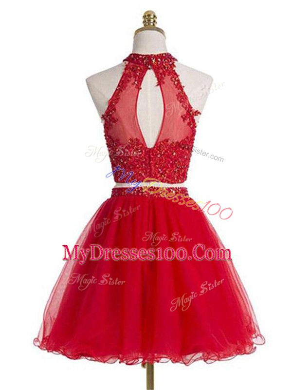 Fabulous Halter Top Sleeveless Prom Evening Gown Mini Length Beading and Appliques Red Tulle
