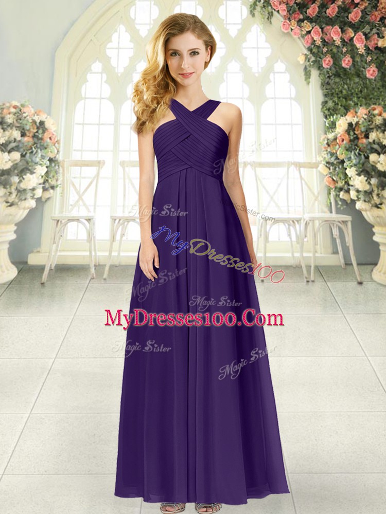 Clearance Purple Chiffon Zipper Prom Party Dress Sleeveless Floor Length Ruching