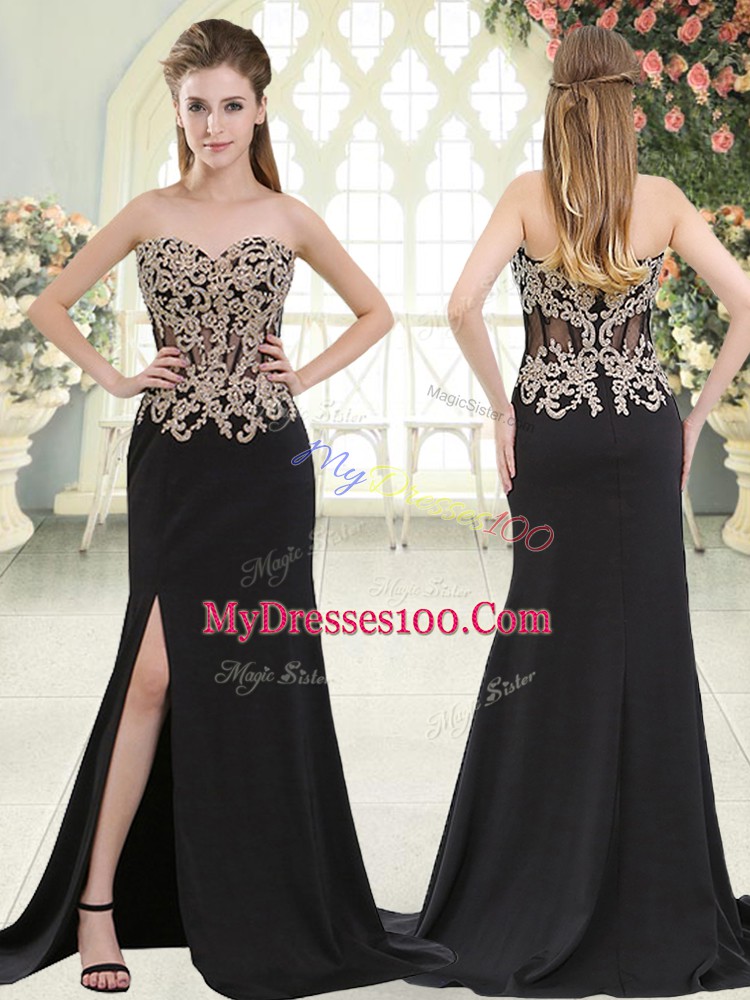 Black Elastic Woven Satin Zipper Sweetheart Sleeveless Evening Dress Sweep Train Beading and Appliques
