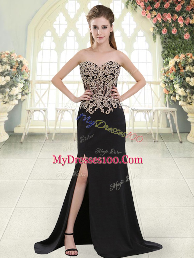 Black Elastic Woven Satin Zipper Sweetheart Sleeveless Evening Dress Sweep Train Beading and Appliques